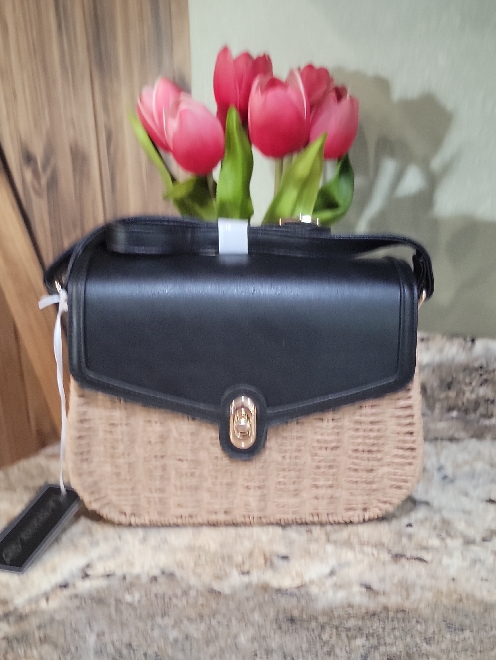 LA TERRE Women’s Black and Natural Woven Crossbody Bag - Picture 1 of 7